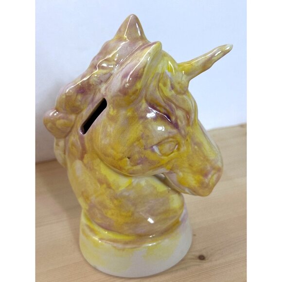 Whimsical Ceramic Unicorn Coin Bank Figurine Yellow Purple Swirl Mystical - Picture 6 of 6